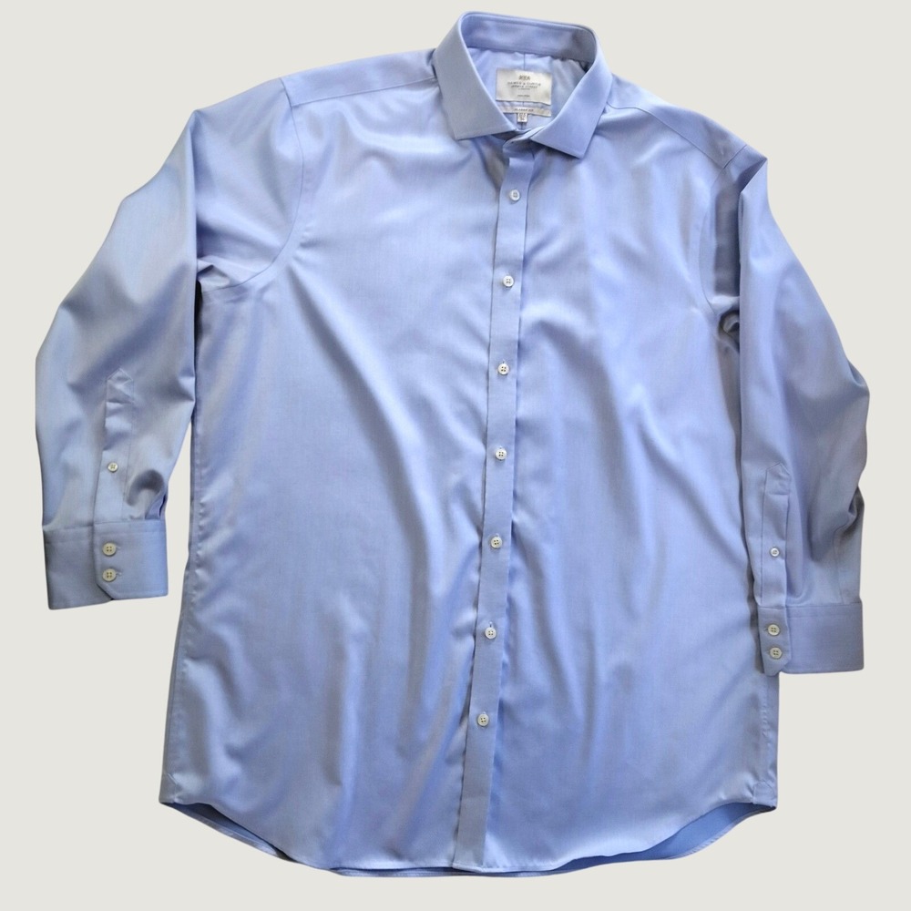 Hawes & Curtis Mens Dress Shirt 17.5 34 Light Blue Non-Iron Classic Button Down
